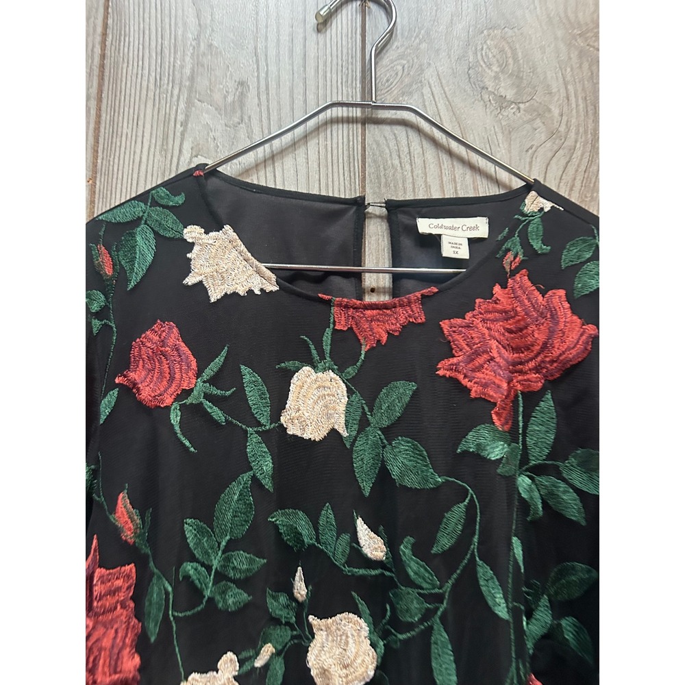 Coldwater Creek Women 1X Black Red Floral Embroidered Mesh Long Sleeve Blouse - Picture 3 of 6